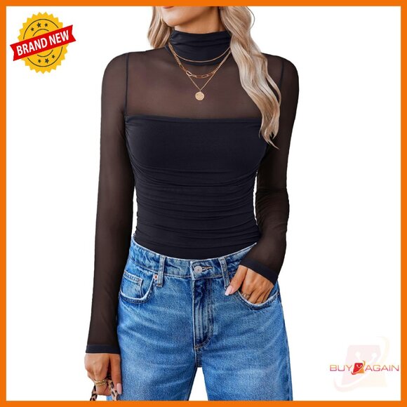 Long Sleeve Mesh Bodysuit Shapewear Turtle Neck Leotard Tops